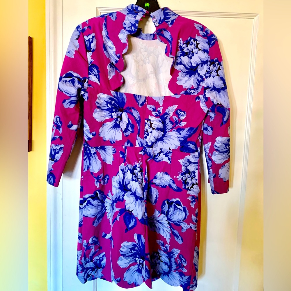 Anthropologie Maeve Floral Mini Dress, Long Sleeve Open Back Scalloped Hem Sz. 8
